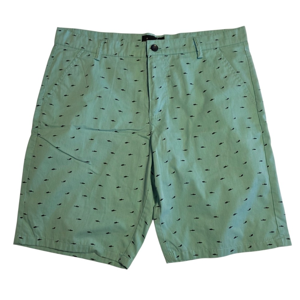 Public Record Shorts Standard Fit Chino‎ Turquoise Shark Print Tropical Mens 34